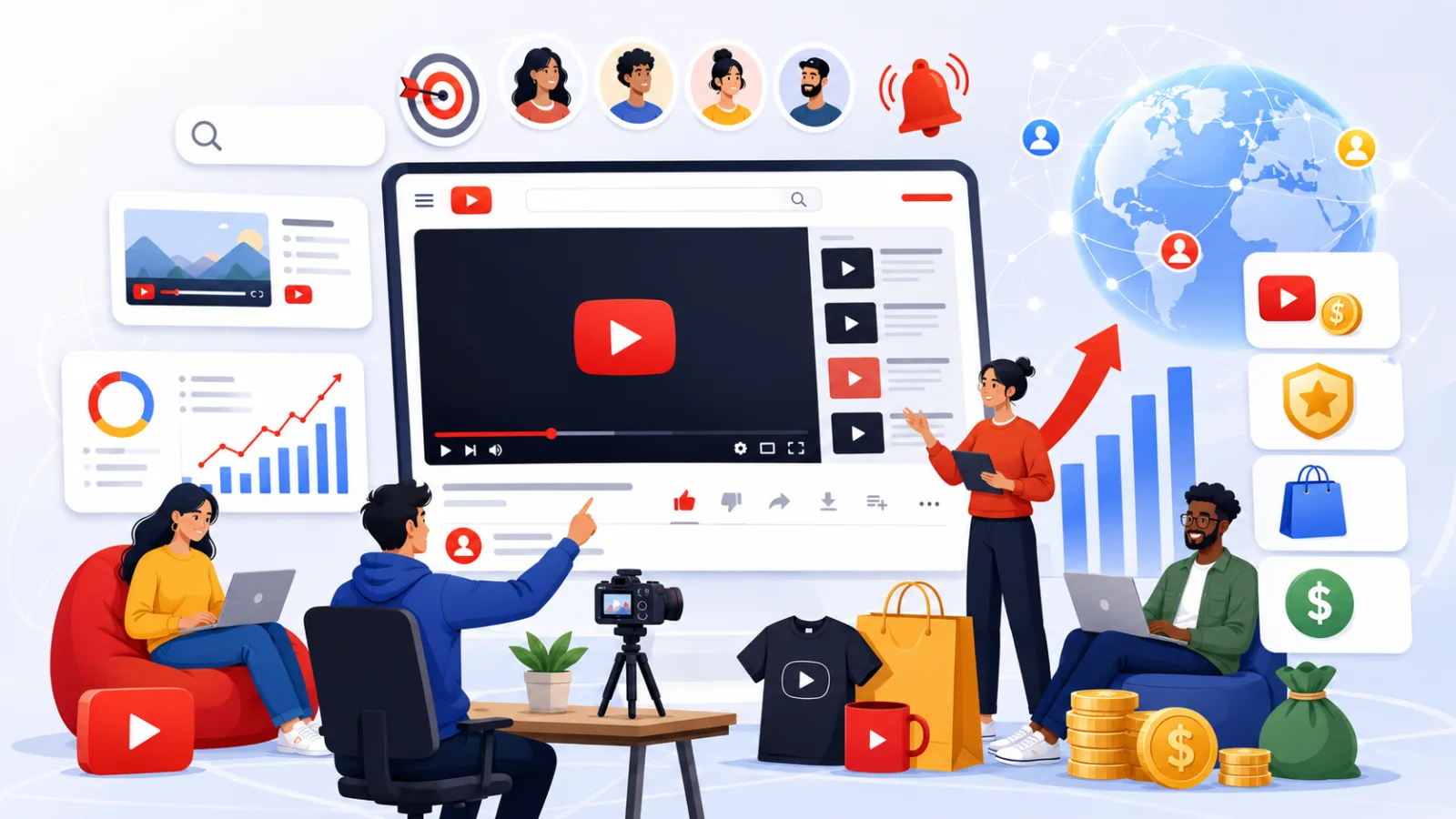 Illustration showing YouTube content discovery, audience growth and monetization opportunities