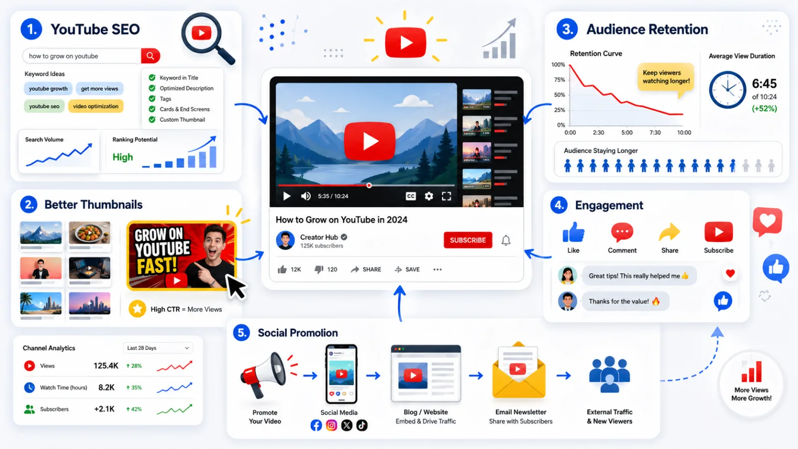 Infographic showing YouTube SEO, thumbnails, retention, engagement and social promotion strategies